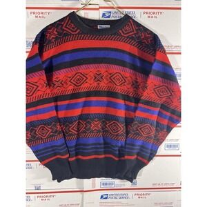 Vintage 90s Meister Wool Ski Sweater Multicolor Geometric Retro Nordic Large